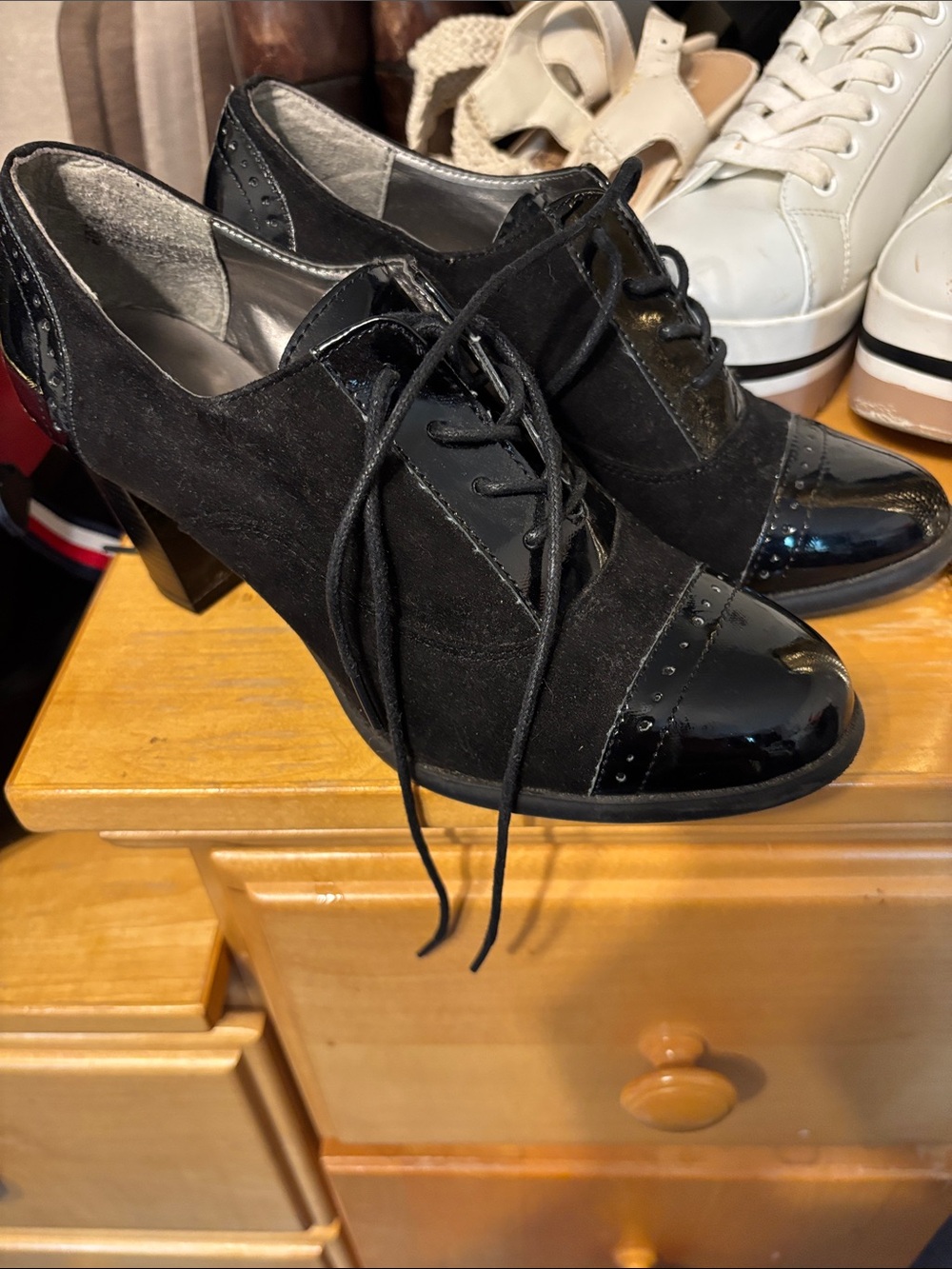 Karen Scott Black Lace-Up Suede and Patent Cap-Toe Heels